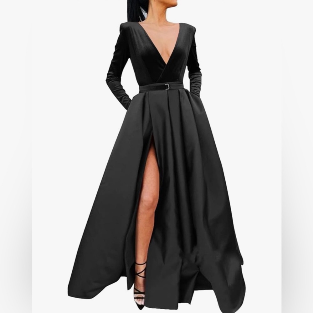 Long Sleeve Satin Formal Evening Ball Gown Dress with Slit and Pockets
